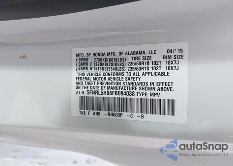 2015 Honda Odyssey Touring/Touring Elite z USA, uszkodzony, nr VIN 5FNRL5H98FB094038